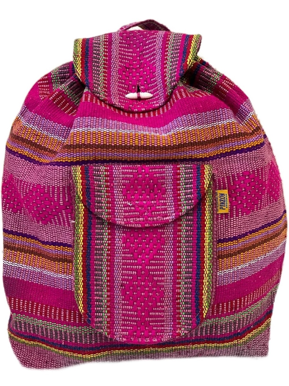 Vibrant Pink Artesanias Pinzon woven Mexican backpack with drawstring